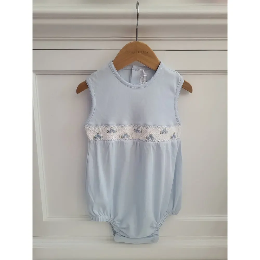 NWT Miocotton Luxury Light Blue Hand-Smocked Pima Cotton Bubble Romper 2T